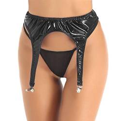 Agoky Damen Sexy Metallic Strumpfgürtel PU Leder Strapshalter Hüftgürtel Mit Vier Metall Clips Glänzend Reizwäsche Schwarz Einheitsgröße von Agoky