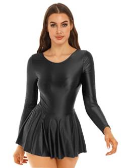 Agoky Damen Sexy Minikleid Langarm Ballett Trikot Tanz Body mit Rock Erotik Einteiler Dessous aus Seiden Glanz Strumpfhosen Party Clubwear Schwarz XL von Agoky