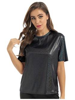 Agoky Damen T-Shirt Tee Einfarbig Rundhals Kurzarm Sommer Shirt Locker Oberteile Basic Tops Metallic Hemd in Gold Silber Violett Rosa Dunkelgrau D L von Agoky