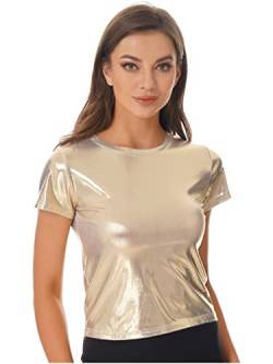 Agoky Damen T-Shirt Tee Einfarbig Rundhals Kurzarm Sommer Shirt Locker Oberteile Basic Tops Metallic Hemd in Gold Silber Violett Rosa Gold C L von Agoky