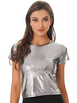 Agoky Damen T-Shirt Tee Einfarbig Rundhals Kurzarm Sommer Shirt Locker Oberteile Basic Tops Metallic Hemd in Gold Silber Violett Rosa Grau C L von Agoky