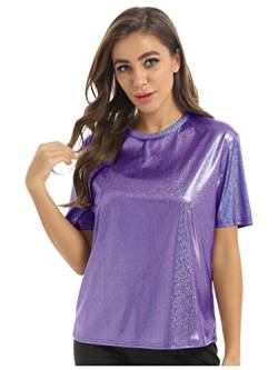 Agoky Damen T-Shirt Tee Einfarbig Rundhals Kurzarm Sommer Shirt Locker Oberteile Basic Tops Metallic Hemd in Gold Silber Violett Rosa Lila D L von Agoky