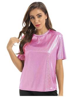 Agoky Damen T-Shirt Tee Einfarbig Rundhals Kurzarm Sommer Shirt Locker Oberteile Basic Tops Metallic Hemd in Gold Silber Violett Rosa Pink D L von Agoky