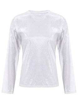 Agoky Damen T-Shirt Tee Einfarbig Rundhals Kurzarm Sommer Shirt Locker Oberteile Basic Tops Metallic Hemd in Gold Silber Violett Rosa Silber Langarm L von Agoky