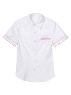 Agoky Damen Weißes Hemd Kurzarm Bluse mit Kentkragen Knopfleiste Klassisch Oxford Shirts Schulmädchen Uniform Oberhemd School Girl Outfits Weiss Rosa S von Agoky