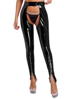 Agoky Damen Wetlook Hose Ouvert Pantyhose Sexy Open Crotch Latex Metallic Glitzer Leggings Lang Hinten Offen Höschen Erotisch Nachtwäsche Party Clubwear Schwarz E S von Agoky