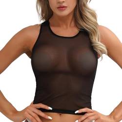 Agoky Damen transparent Oberteil Bluse Stehkragen Hemd ärmellos Shirt Top Mesh Tüll Erotik Dessous Unterhemd Reizwäsche Schwarz D XL von Agoky