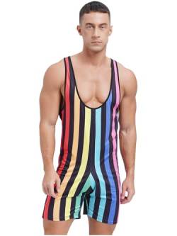 Agoky Herren Ärmellos Body Gestreift Tank Top Unterhemd Achselhemd mit Slim Fit Boxershorts Kurze Hose Männer Einteiler Bodysuit Regenbogen B 3XL von Agoky