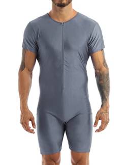 Agoky Herren Body Bodysuit Einteiler Kurz mit Reissverschluss Overall Slim Fit Männerbody Kurzarm Unterhemd Boxershorts Unterwäsche M-XXL Grau A XL von Agoky