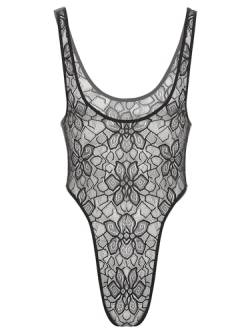 Agoky Herren Body Transparent Unterwäsche mit Küsse Dessous Top Unterhemd rückenfreie Bodysuit mit String Tanga sexy Nachtwäsche Schwarze D L von Agoky