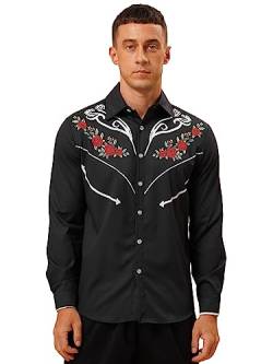 Agoky Herren Cowboy Hemd Langarm Westernhemd Gemustert Kentkragen Geknöpfte Freizeithemd Regular Fit Oberhemd Oxford Shirts Stretch Blusen Schwarz XXL von Agoky