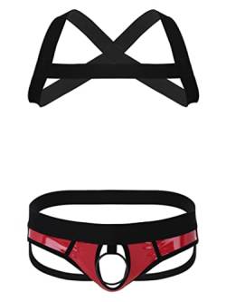 Agoky Herren Elastisch Nylon Body Brustgeschirr Harness + Wetlook Ouvert-Slip Lack Leder Jockstrap String Tanga Dessous Set Clubwear Rot XXL von Agoky