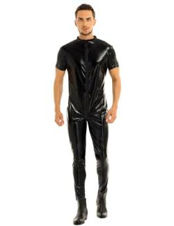 Agoky Herren Ganzkörperanzug Lack Leder Optik Body Kurzarm/Langarm T-Shirt mit Langer Hose Ouvert Männer Enge Bodysuit Kostüm Catsuit Einteiler Clubwear Schwarz 3XL von Agoky