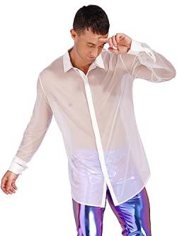 Agoky Herren Longsleeve Langarm Shirt Slim fit T-Shirt Rundhals Einfarbig Tee Casual Netz Hemd sexy Oberteile transparent Mesh Top Party Clubwear M-XL Weiß B XXL von Agoky