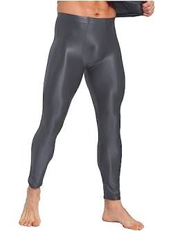 Agoky Herren Metallic Lange Unterhosen mit Weichbund Glatte ÖL Glanz Hose Strumpfhose ohne Fuß Leggings Sport Leggins Tights Kompressionshose Dunkelgrau M von Agoky