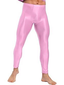 Agoky Herren Metallic Lange Unterhosen mit Weichbund Glatte ÖL Glanz Hose Strumpfhose ohne Fuß Leggings Sport Leggins Tights Kompressionshose Rosa XXL von Agoky