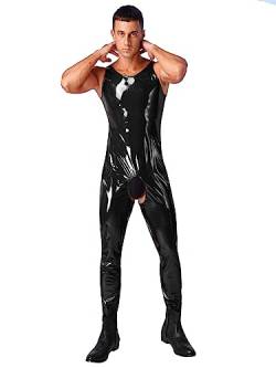 Agoky Herren Ouvert Body Wetlook Lack Leder Overall Lang Jumpsuit Ärmellos Hosenanzug Slim Fit Stretch Ganzkörperanzug Motorrad Biker Outfit Party Clubwear Schwarz XL von Agoky