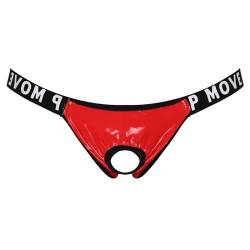 Agoky Herren Sexy Strings Jockstrap mit Öffnung Loch Metall-Penisring Männer Bikini Slip Thong Tanga Lack Leder Briefs Low Rise Erotik Unterwäsche M-XL Rot B 3XL von Agoky