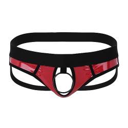 Agoky Herren Sexy Strings Jockstrap mit Öffnung Loch Metall-Penisring Männer Bikini Slip Thong Tanga Lack Leder Briefs Low Rise Erotik Unterwäsche M-XL Rot XL von Agoky