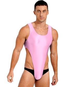 Agoky Herren Sissy Body Dessous Ärmellos Glossy Bodysuit mit Reisverschluss Stringbody Einteiler Unterwäsche Badeanzug Schwimmanzug Rosa A M von Agoky