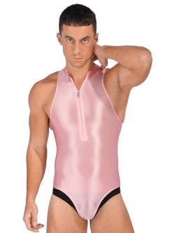 Agoky Herren Sissy Body Dessous Ärmellos Glossy Bodysuit mit Reisverschluss Stringbody Einteiler Unterwäsche Badeanzug Schwimmanzug Rosa Einheitsgröße von Agoky