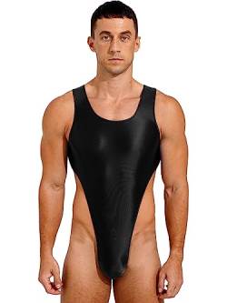 Agoky Herren Sissy Body Dessous Ärmellos Glossy Bodysuit mit Reisverschluss Stringbody Einteiler Unterwäsche Badeanzug Schwimmanzug Schwarz A XL von Agoky