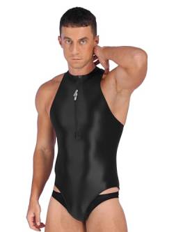 Agoky Herren Sissy Body Dessous Ärmellos Glossy Bodysuit mit Reisverschluss Stringbody Einteiler Unterwäsche Badeanzug Schwimmanzug Schwarz Einheitsgröße von Agoky