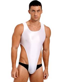 Agoky Herren Sissy Body Dessous Ärmellos Glossy Bodysuit mit Reisverschluss Stringbody Einteiler Unterwäsche Badeanzug Schwimmanzug Weiß A XL von Agoky