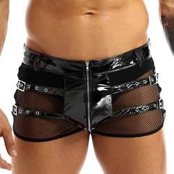 Agoky Herren Unterhosen Sexy Männer Netz Leder Transparent Boxershorts Retroshorts mit Reisverschluss Erotik Unterwäsche Dessous Kurze Hose Pants Bikini Briefs Schwarz XXL von Agoky