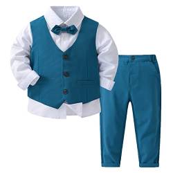 Agoky Jungen Anzug Set Langarm Hemd mit Kentkragen Fliege Anzughose mit Y-Form Hosenträger Festlich Sakko Smoking Gentleman Outfits Blau V 86-92 von Agoky