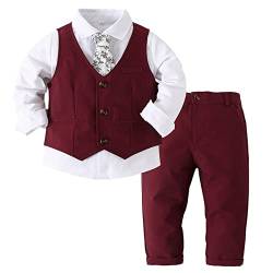 Agoky Jungen Anzug Set Langarm Hemd mit Kentkragen Fliege Anzughose mit Y-Form Hosenträger Festlich Sakko Smoking Gentleman Outfits Burgundy R 86-92 von Agoky