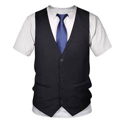 Agoky Jungen Kurzarm Shirt Rundhals T-Shirt Tee mit 3 D Druck Gefälschte Anzugweste und Krawatte Festlich Party Hochzeit Gentleman Outfits Schwarz 140-146 von Agoky