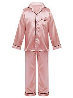 Agoky Kinder Schlafanzug Mädchen Satin Pyjama Set Langarm Button-Down Hemd Lange Schlafhose Nachtwäsche Zweiteilige Kleidung Set Gr. 122-164 Hell Lila 110-116 von Agoky