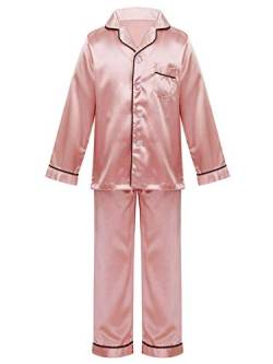 Agoky Kinder Schlafanzug Mädchen Satin Pyjama Set Langarm Button-Down Hemd Lange Schlafhose Nachtwäsche Zweiteilige Kleidung Set Gr. 122-164 Hell Lila 134-140 von Agoky