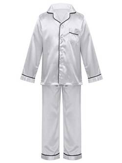 Agoky Kinder Schlafanzug Mädchen Satin Pyjama Set Langarm Button-Down Hemd Lange Schlafhose Nachtwäsche Zweiteilige Kleidung Set Gr. 122-164 Silber 134-140 von Agoky