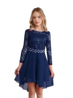 Agoky Mädchen Festliche Spitzen Kleider Langarm Prinzessin Partykleid Unregelmäßig Abendkleid Cocktailkleider Hochzeit Festzug Outfits Navy blau B 122-128 von Agoky