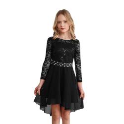 Agoky Mädchen Festliche Spitzen Kleider Langarm Prinzessin Partykleid Unregelmäßig Abendkleid Cocktailkleider Hochzeit Festzug Outfits Schwarz B 158-164 von Agoky