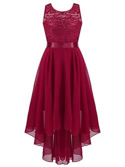 Agoky Mädchen Festliches Kleid für Hochzeit Sommer Unregelmäßig Partykleid Spitzenkleid mit Plisseerock Kommunionskleid Burgundy 110-116 von Agoky