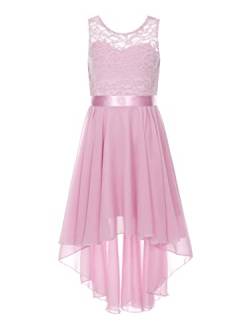 Agoky Mädchen Festliches Kleid für Hochzeit Sommer Unregelmäßig Partykleid Spitzenkleid mit Plisseerock Kommunionskleid Dusty Pink 128-140 von Agoky