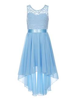 Agoky Mädchen Festliches Kleid für Hochzeit Sommer Unregelmäßig Partykleid Spitzenkleid mit Plisseerock Kommunionskleid Hell Blau 110-116 von Agoky