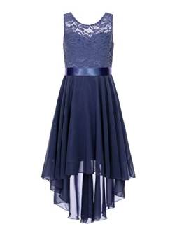 Agoky Mädchen Festliches Kleid für Hochzeit Sommer Unregelmäßig Partykleid Spitzenkleid mit Plisseerock Kommunionskleid Navy Blau 140-152 von Agoky