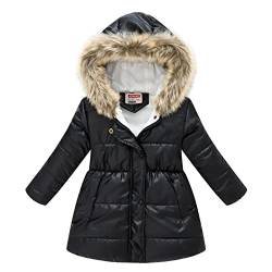 Agoky Mädchen Glänzend Daunenmantel Lange Daunenjacke mit Reisverschluss Hooded Parka Tailliert Jacke Mantel Jacket Schwarz 110-116 von Agoky