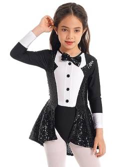 Agoky Mädchen Pailletten Ballettkleid Rückenfrei Tanzkleid mit Hemd Kragen Knöpfe Kinder Ballettanzug Body Tutu Tanzkleidung Schwarz Langarm 122-128 von Agoky