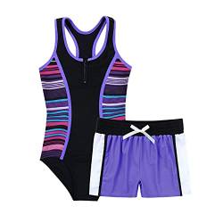 Agoky Mädchen Tankini Set mit Shorts und Rock 3 PCS Badeanzug Oberteile Tank Top Baderock Badeslip zum Schwimmen Schwimmanzug in Lila gr. 98-164 Violett C 170-176 von Agoky