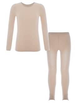 Agoky Mädchen Thermo Unterwäsche Set Langarm Shirt und Lange Unterhose Ballett Tanz Training Kleidung Zweiteiler Sport Outfits A Nude 110-116 von Agoky