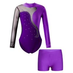 Agoky Mädchen Turnanzug Glitzer Gymnastikanzug Langarm Eiskunstlauf Body mit Kurze Hose Training Tanz Shorts Zweiteiler Tanzbekleidung Violett B 134-140 von Agoky