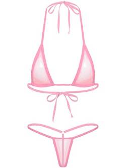 Agoky Transparent Mesh Bikini Set zum binden extrem See-Through Swimsuit Neckholder Bikini Oberteil BH Bra Micro Thong Sexy Badeanzug Bademode Rosa Einheitsgröße von Agoky
