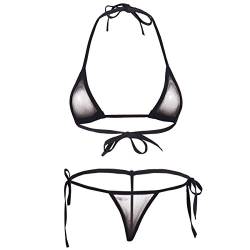 Agoky Transparent Mesh Bikini Set zum binden extrem See-Through Swimsuit Neckholder Bikini Oberteil BH Bra Micro Thong Sexy Badeanzug Bademode Schwarz A Einheitsgröße von Agoky