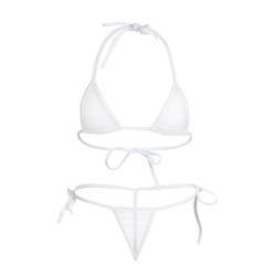 Agoky Transparent Mesh Bikini Set zum binden extrem See-Through Swimsuit Neckholder Bikini Oberteil BH Bra Micro Thong Sexy Badeanzug Bademode Weiß A Einheitsgröße von Agoky