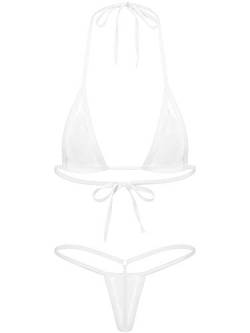 Agoky Transparent Mesh Bikini Set zum binden extrem See-Through Swimsuit Neckholder Bikini Oberteil BH Bra Micro Thong Sexy Badeanzug Bademode Weiß B Einheitsgröße von Agoky